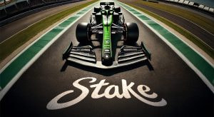 Ein Sauber F1-Rennwagen mit Stake-Logo auf der Strecke, Teil der aktuellen Debatte über Glücksspielwerbung.