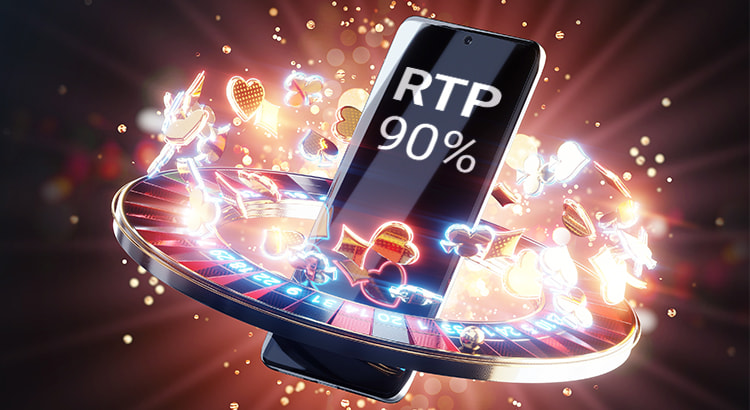 Groß dargestellte Zahl „90 % RTP“ auf einem Smartphone-Bildschirm, dahinter verschwommene Casino Elemente (Slots, Karten).