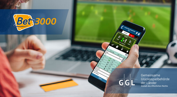 Nutzer platziert Sportwette per Smartphone. Zu sehen ist ebenfalls das Logo der Gemeinsamen Glücksspielbehörde der Länder (GGL) und von Bet3000.