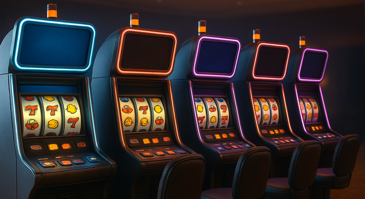 Innenansicht einer Spielhalle mit bunten Spielautomaten, die in einem dunklen Gang aufgestellt sind und von Neonlichtern beleuchtet werden.