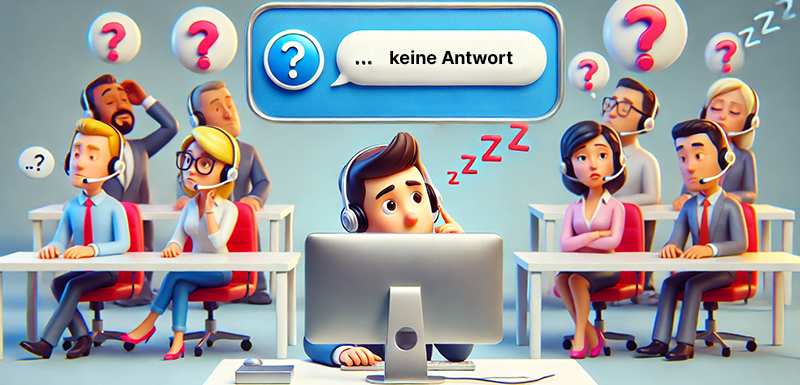 Frustrierter Kundenservice ohne Antwort, ratlose Mitarbeiter mit Headsets