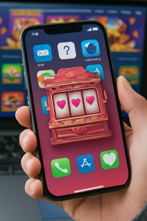 Smartphone mit diversen Apps und einem Casino Spielautomaten auf dem Bildschirm in der Hand einer Person