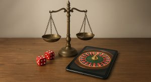 Ein antikes Brass-Balance-Skalenpaar steht auf einer Holzoberfläche, umgeben von zwei roten Würfeln und einem Tablet mit einem Roulette-Rad auf dem Bildschirm. Das Bild ist in sanftem, diffusen Licht gehalten, und der Hintergrund zeigt eine einfache, beige Wand.