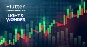 Eine grafische Darstellung einer Aktienbörse mit den Logos von Flutter Entertainment und Light & Wonder.