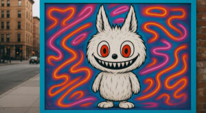 Street Art Mural von Labubu, einem kreativen Charakter aus der Pop Mart 'The Monsters' Serie, auf einer verwitterten Ziegelwand in einer Stadt. Der bunte, neonfarbene Hintergrund kontrastiert mit Labubus markanten roten Augen und seinem schelmischen Lächeln, umrahmt von einem blauen Rand