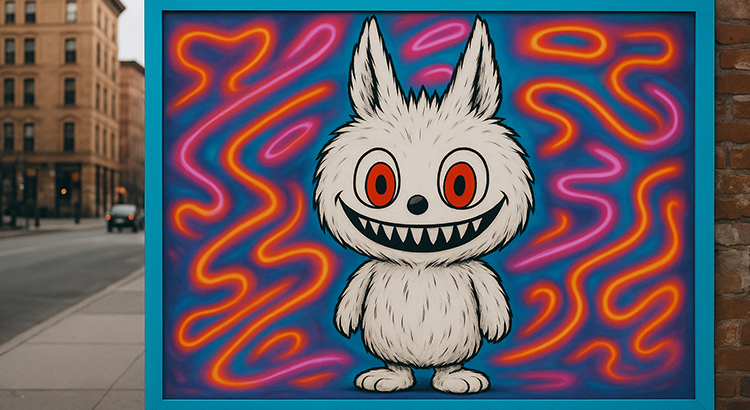 Street Art Mural von Labubu, einem kreativen Charakter aus der Pop Mart 'The Monsters' Serie, auf einer verwitterten Ziegelwand in einer Stadt. Der bunte, neonfarbene Hintergrund kontrastiert mit Labubus markanten roten Augen und seinem schelmischen Lächeln, umrahmt von einem blauen Rand