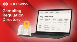 Digitale Grafik von SOFTSWISS mit rotem Hintergrund. Links oben das SOFTSWISS-Logo, darunter die Worte 'Gambling Regulation Directory'. Rechts unten ein Laptop mit einer Tabelle zu Regulierungsparametern und daneben ein aufgefaltetes Kartensymbol mit gelbem Standort-Pin.