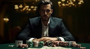 Ein Mann in einem eleganten Anzug sitzt an einem Pokertisch, umgeben von Geldbündeln und Spielchips. Der Blick des Mannes ist ernst und konzentriert, während er seine Einsätze tätigt. Der Hintergrund ist in gedämpftem Licht gehalten.