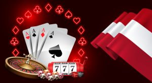 Die österreichische Flagge weht neben einem Roulette-Rad, Spielkarten, Würfeln und Pokerchips in den Farben Rot, Schwarz und Blau.