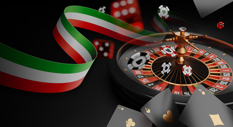 Auf dem Bild ist eine italiensche Flagge und drum herum typische Glücksspiel-Symbole wie Kleeblätter, Jetons und Spielkarten.