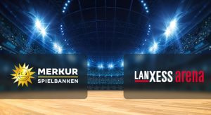 Eine Bildkomposition, die zeigt, dass die Merkur Spielbanken NRW jetzt mit der Lanxess Arena in Köln kooperieren.