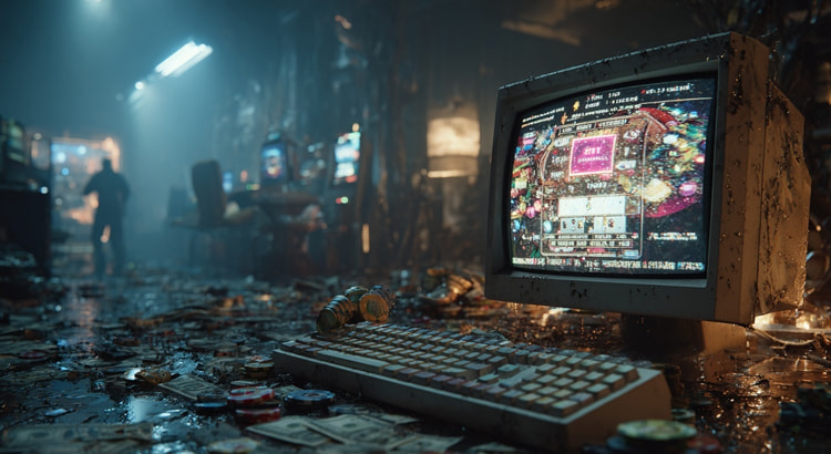 Im Vordergrund ist ein zerbrochener Computerbildschirm, auf dem ein Online-Casino mit bunten Spielchips und digitalen Karten zu sehen ist. Im Hintergrund stehen ernste Ermittler, die mit Akten und Handschellen einen dunklen, undurchsichtigen Serverraum durchsuchen. Über dem Bild schwebt ein Schatten aus Geldscheinen, Kryptowährungssymbolen und verschlungenen Netzwerken, die auf Geldwäsche und internationale Verstrickungen hinweisen