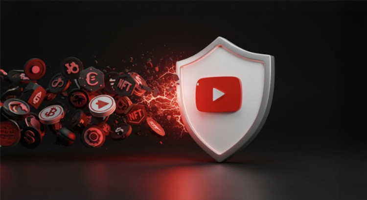 Ein YouTube-Logo auf einem Schild, das vor einer Explosion von Symbolen wie Bitcoin, Dollarzeichen, NFTs und anderen Finanz- und Technologie-Icons geschützt wird.