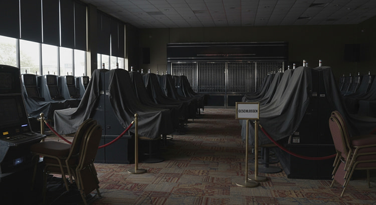 Drei Angestellte stehen vor einer geschlossenen Spielhalle in einer deutschen Stadt. Die Fassade der Spielhalle ist mit heruntergelassenen Rollläden bedeckt, und ein Schild mit der Aufschrift 'SPIELHALLE' ist zu sehen. Die Angestellten tragen Arbeitskleidung und unterhalten sich oder blicken nachdenklich in die Ferne. Die Straße ist leer und das Wetter ist leicht bewölkt