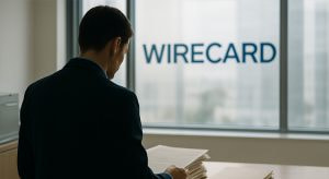 Helle Büroaufnahme mit einer Person von hinten, die Akten durchsieht; auf dem Fenster steht der Schriftzug „Wirecard“, daneben liegen weitere Akten Stapel und Geldscheine auf dem Tisch