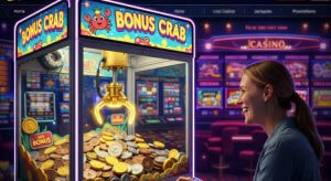 Eine stilisierte Darstellung einer Bonus Crab Greifarm-Mechanik in einem Online Casino.