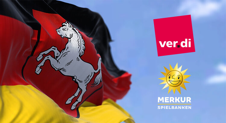 ver.di-Kundgebung vor einem Gebäude in Niedersachsen mit Protestbanner für 7 % mehr Lohn und gegen die Zweiklassengesellschaft in Spielbanken