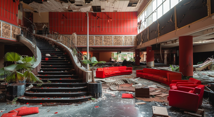 Verlassene Casinoanlage in Campione d’Italia am Ufer des Luganersees, mit verwitterter Betonfassade, leeren Fenstern und überwuchertem Vorplatz; im Hintergrund nebelverhangene Alpen unter grauem, bedecktem Himmel. (Symbolbild)