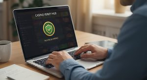 Ein Spieler betrachtet Dokumente für die Casino Verifizierung am Laptop