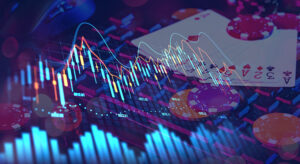 Abstrakte digitale Illustration mit Börsencharts, Kurslinien und Kerzendiagrammen sowie Würfeln und Pokerchips als Symbole für die Verbindung zwischen Finanzhandel und Glücksspiel.
