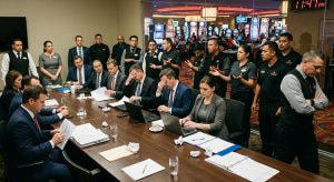 Ein leerer Verhandlungstisch in einem Büro, auf dem Tisch viele Dokumente