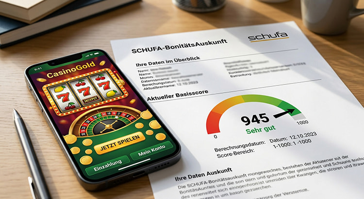 Eine Kreditauskunft-Dokument mit Score-Grafik neben Smartphone, das eine Online-Casino-App mit Slot-Symbolen, Roulette-Rädern und Pfund-Münzen zeigt