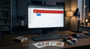 Ein Computerbildschirm zeigt das Google Ads Dashboard mit einem roten Warnhinweis wegen Richtlinienverstößen, davor auf dem Schreibtisch Spielkarten, Pokerchips und Würfel
