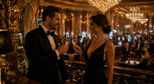 Pokertisch mit Chips und Karten im elegant beleuchteten Saal einer deutschen Spielbank am Abend