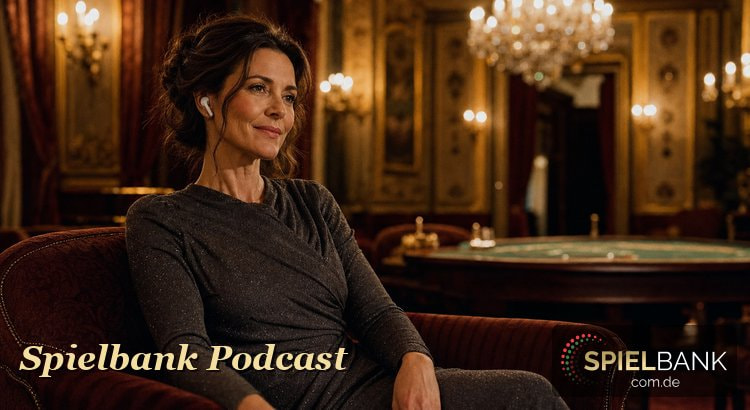 Elegant gekleidete Frau mit Ohrhörern lauscht dem Spielbank Podcast in einem stimmungsvoll beleuchteten Casino-Salon — Sinnbild für das Dealer-Interview.