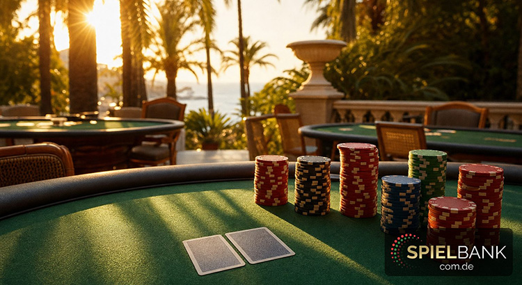 Mehrere grüne Pokertische auf einer von Palmen gesäumten Terrasse eines südeuropäischen Casino-Resorts im Abendlicht, davor Karten und Chips — Sinnbild für die internationalen Pokerfestivals im Juli 2026.