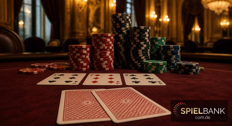 Pokertisch mit verdeckten Hole Cards, aufgedecktem Flop und hohen Chipstacks in einem Belle-Époque-Casinosalon — Sinnbild für die King's Million in Rozvadov.