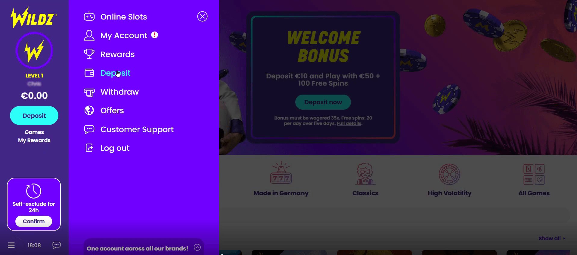 Kundenbereich eines Online Casinos.
