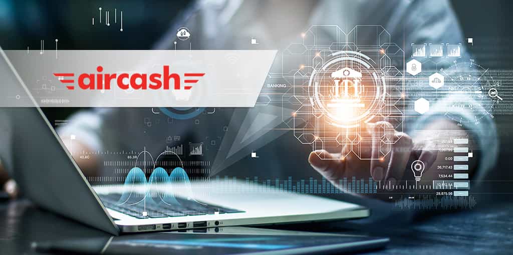 Hände halten ein Smartphone und eine Bankkarte. Dazu ist das Logo von Aircash abgebildet.