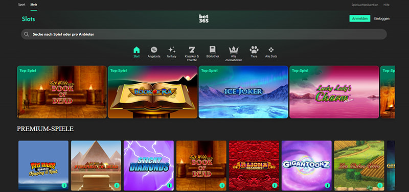 Die Bet365 Webseite mit der Spielauswahl.