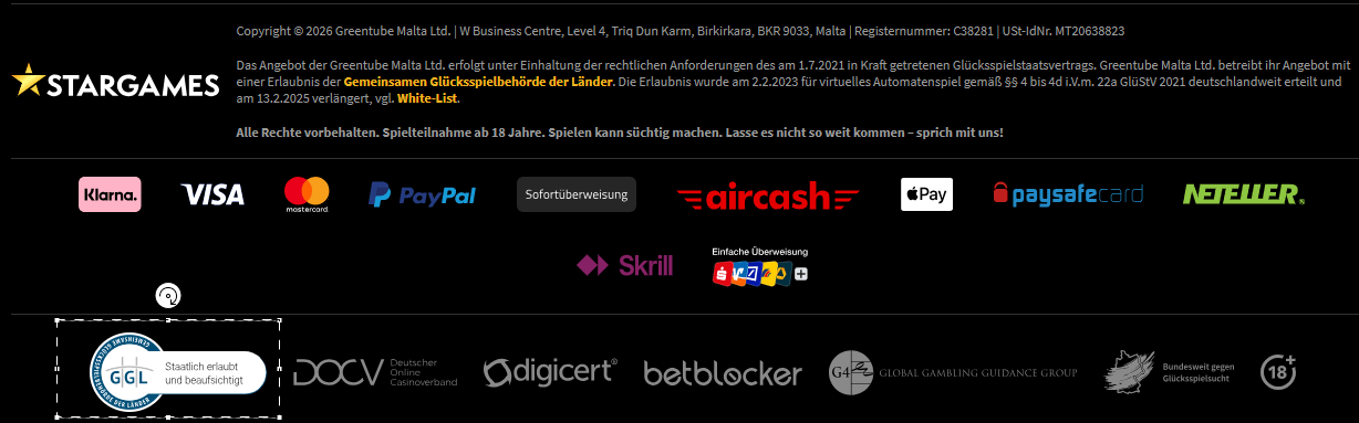 Der Footer einer Casinoseite mit dem Logo der GGL.