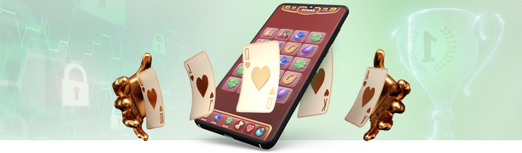 Casino Symbole, goldene Spielerhände und ein Smartphone.