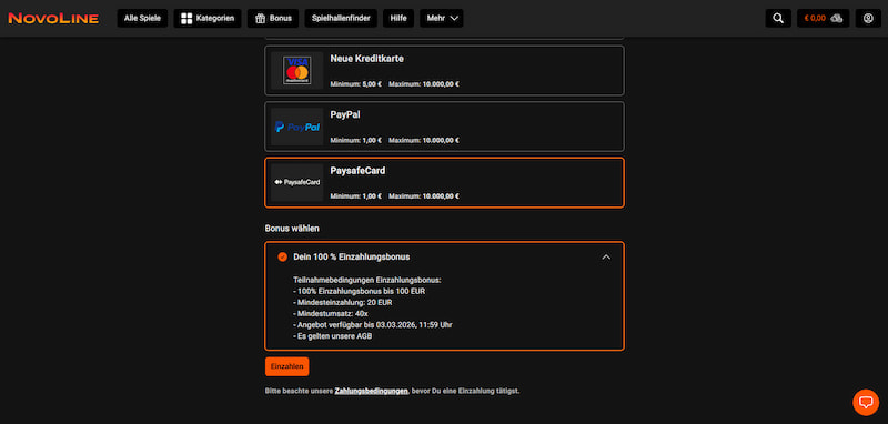 Willkommensbonus Aktivierung bei der Einzahlung im Novoline Casino