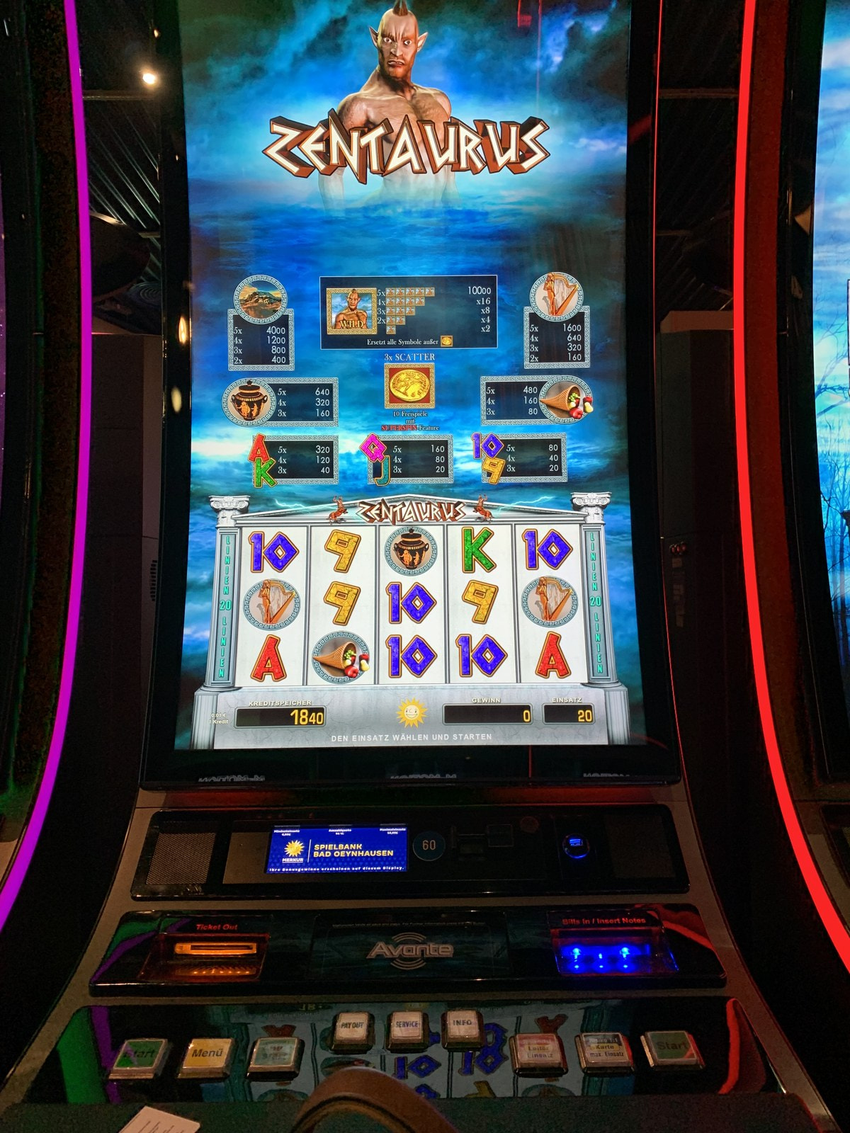 Automat mit dem Spiel Zentaurus in der Spielbank Bad Oeynhausen