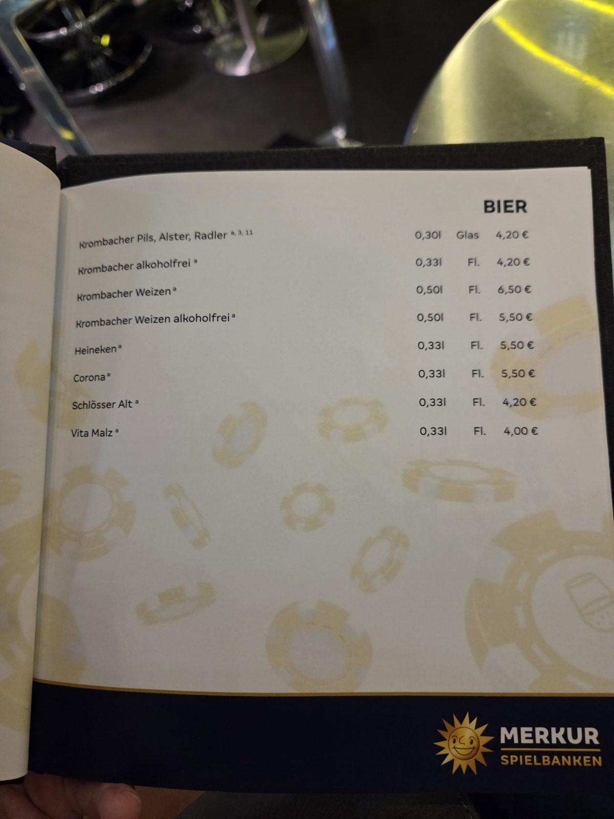 Bierkarte der Bar im Casino Duisburg mit Krombacher, Heineken und Schlösser Alt