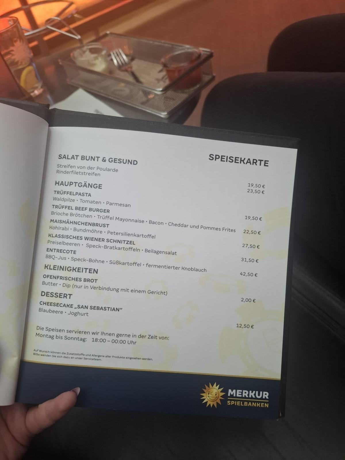 Speisekarte der Bar in der Spielbank Hohensyburg