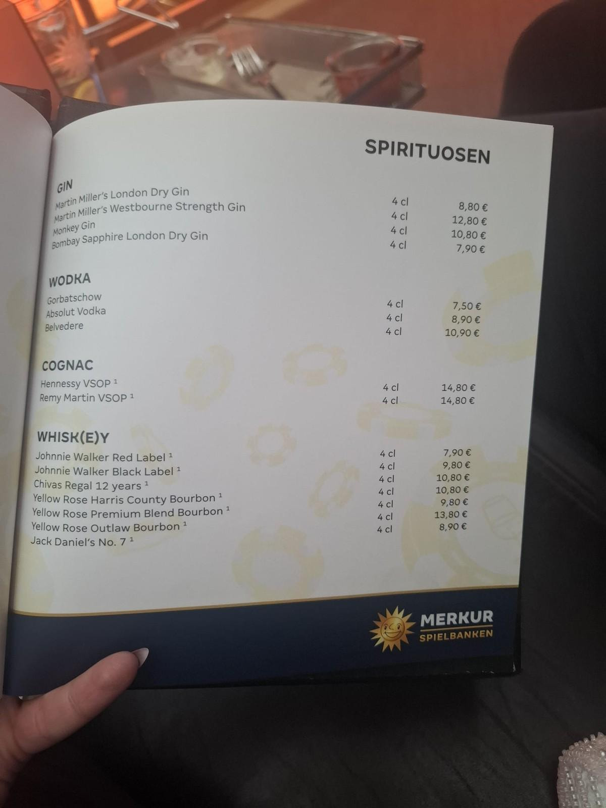 Spirituosenkarte der Bar in der Spielbank Hohensyburg