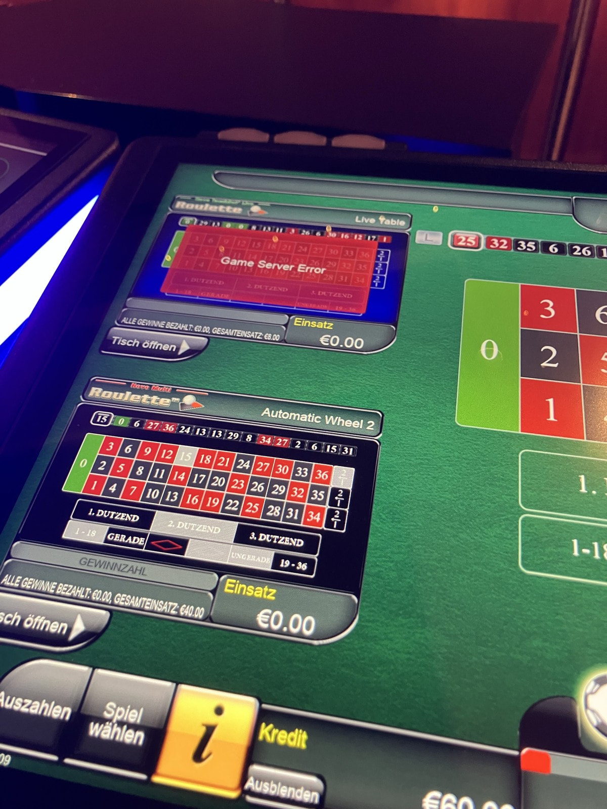 Roulette-Terminal mit der Fehlermeldung Game Server Error statt Verbindung zum Live-Tisch