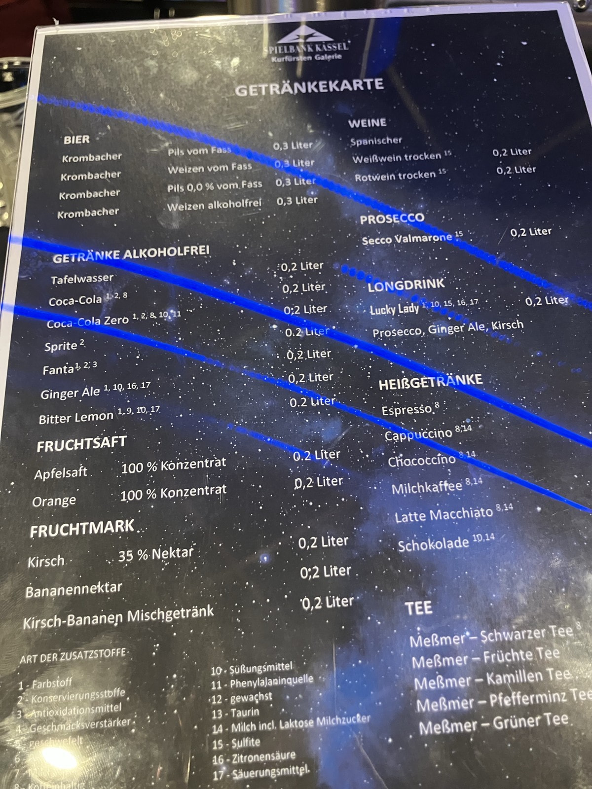 Getränkekarte der Spielbank Kassel mit Bier, Wein, Softdrinks und Heißgetränken