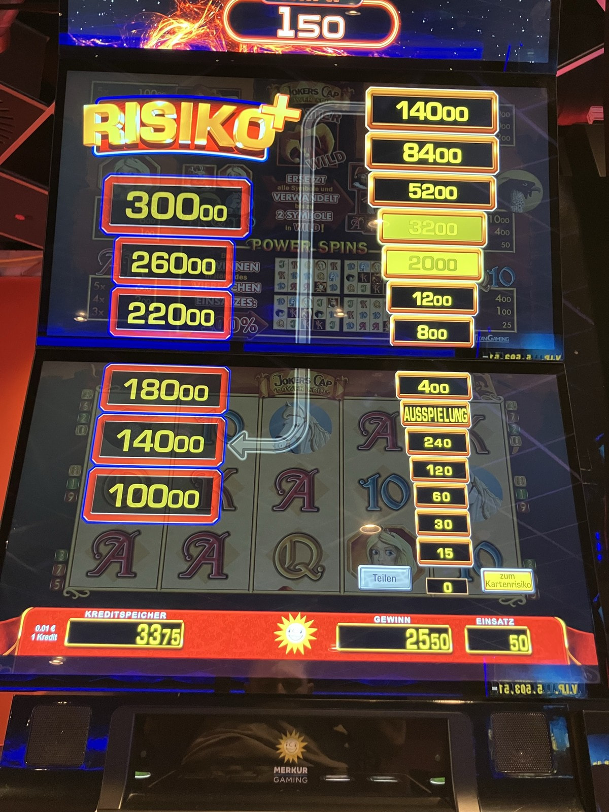 Risikoleiter mit Stufen bis 140 Euro auf einem Merkur-Automaten