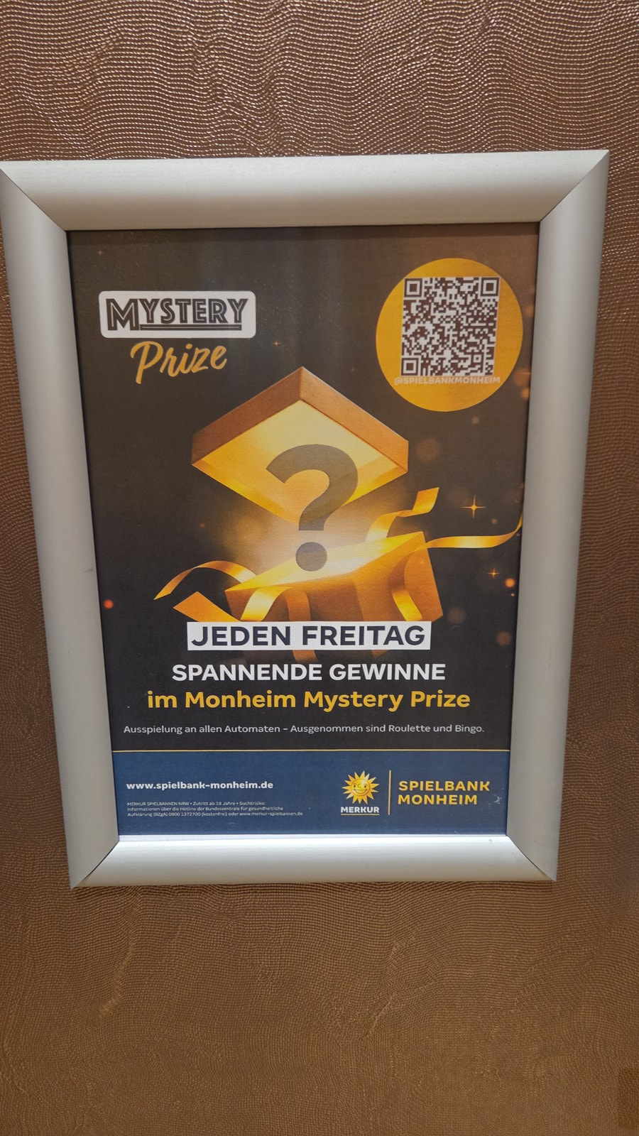Plakat zum Mystery Prize der Spielbank Monheim mit Ausspielung jeden Freitag
