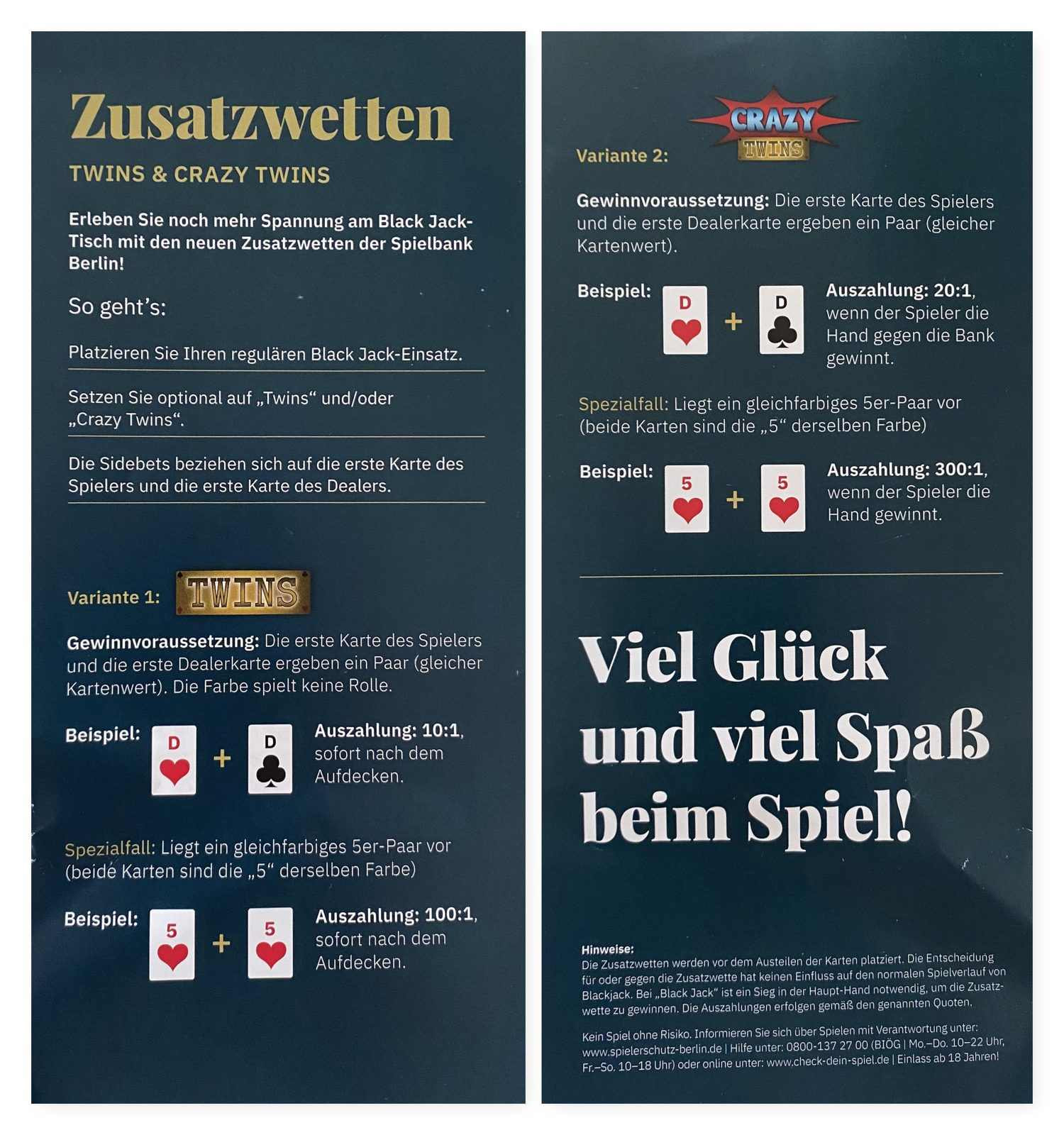 Flyer der Black-Jack-Nebenwetten im Casino am Potsdamer Platz